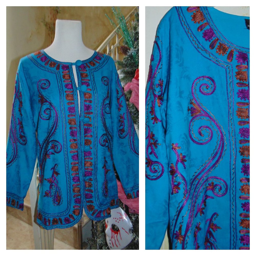 Antthony Embroidered Kaftan Jacket India Cotton Women's Boho Blue Multicolor M